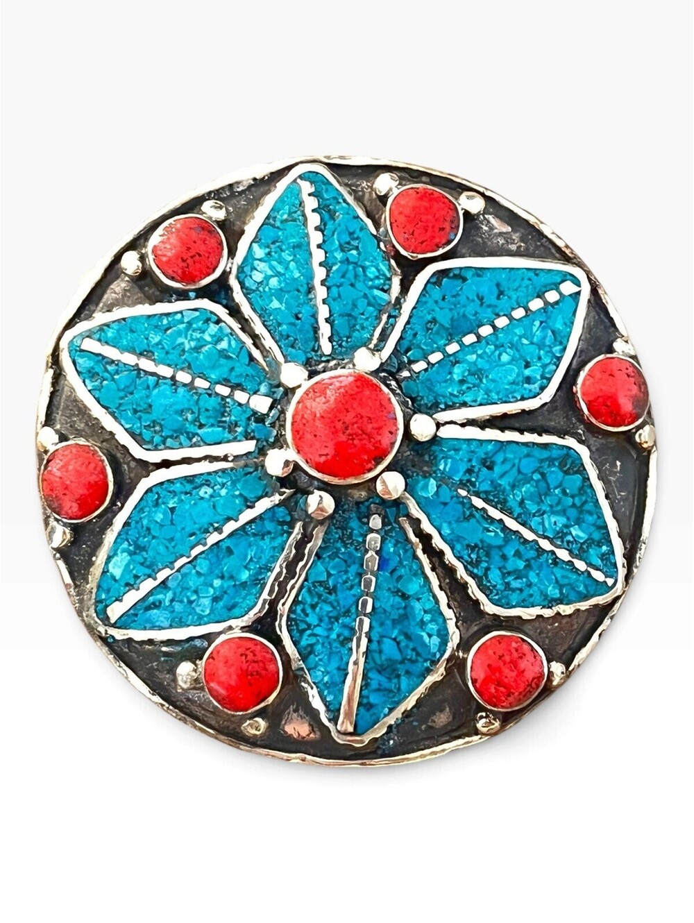 Vtg 3" Turquoise Coral Inlay Belt Buckle Round Western Tribal Mosaic Handmade